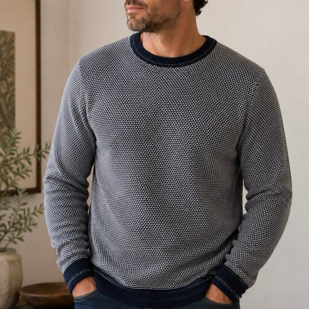 Taylor Stitch Brume Navy White Birdseye BCI Cotton Knit Mens Sweater L